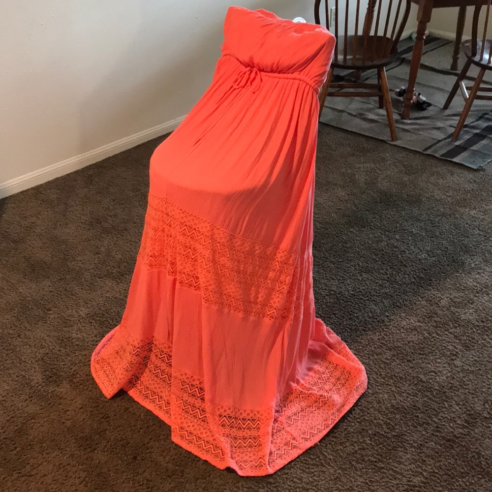 coral maxi dress with lace inserts from Torrid